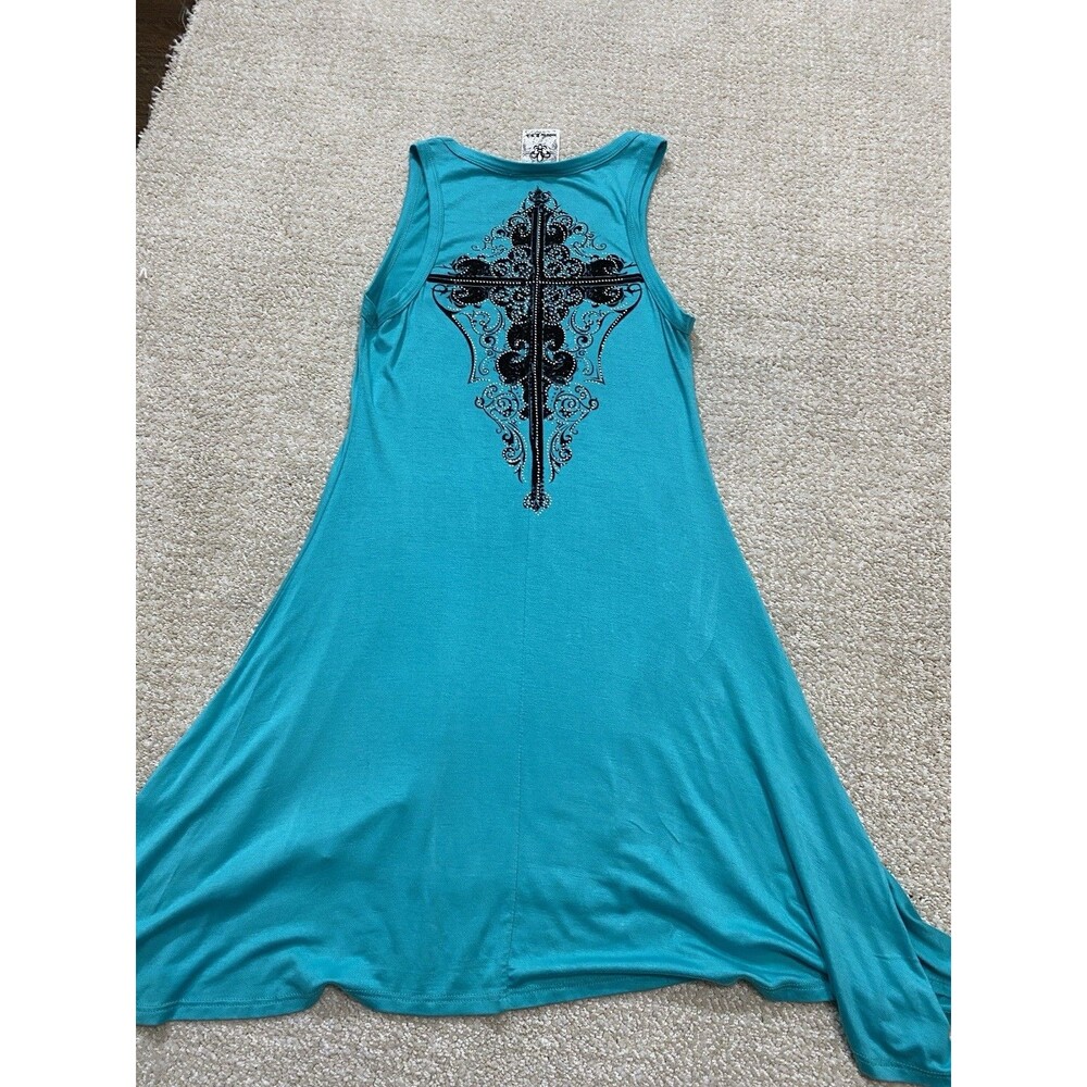Y2K Vocal Turquoise Sleeveless Rhinestone Cross Tunic Top Rayon Spandex Size S - Picture 13 of 15